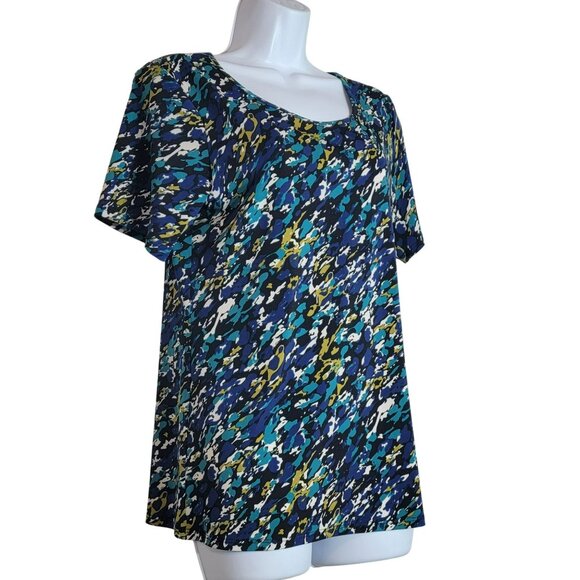 Travel Smith Top, Women S, Blue, Tan, Black Abstract Print, SS, Polyester, EUC - Picture 2 of 12